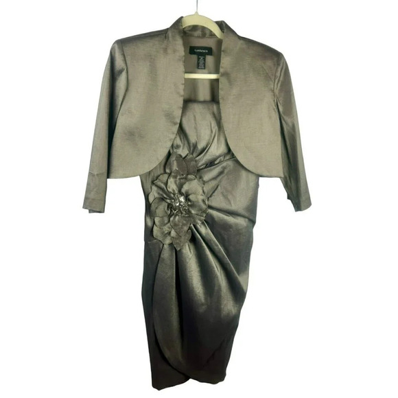 NEW R & M Richards 2 Piece Jacket Dress Women 10 Taupe Gold Flower Bead Event - Picture 1 of 10